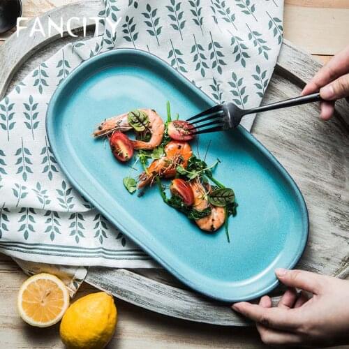 FANCITY Creative European-style stoneware tableware Irregular handmade fish plate salad baked rice shallow plate long plate sala