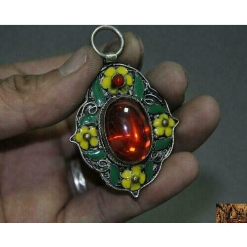 China dynasty Tibetan silver Cloisonne Inlay Red Zircon flower amulet Pendant