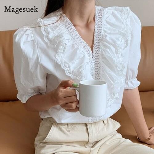 Summer V Neck Womens Blouse 2021 Chic Ruffled Short Sleeve Lace White Top Fashion Embroidery Sweet Slim Shirt Blusas Mujer 13801