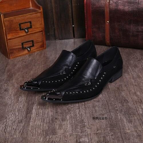 Fashion Man Formal Genuine Frosted Leather Metal Pointed Toe Rivet Loafers High Quality Shoes For Wedding Dress Oxford Shoes