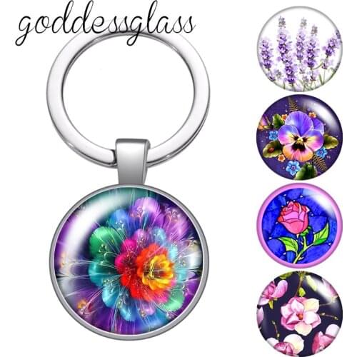 New Colorful Flowers Rose lavender daisy glass cabochon keychain Bag Car key chain Ring Holder Charms keychains gift