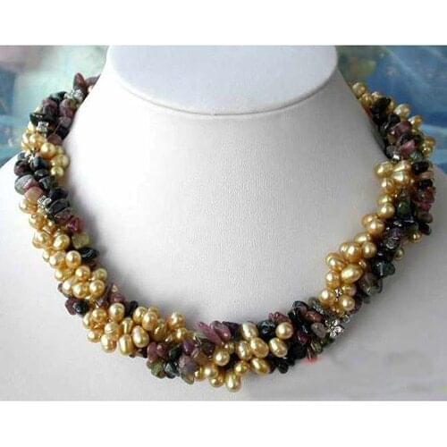 New Fine Unique Pearl Jewelry Store 4 Rows Gold Rice Freshwater Pearl Natural Jaspilite Necklace Handmade Charming Women Gift