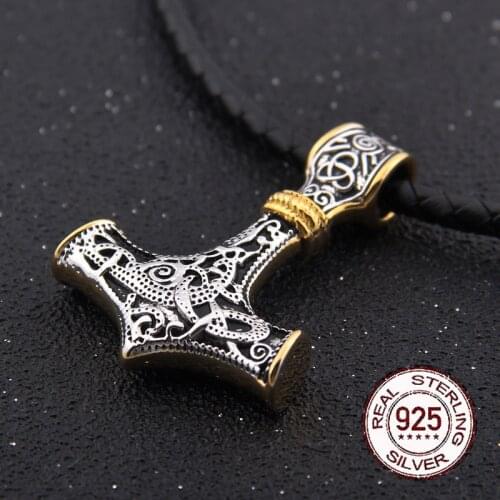 925 Sterling Silver Viking thors hammer pendant necklace with real leather and keel chain as gift