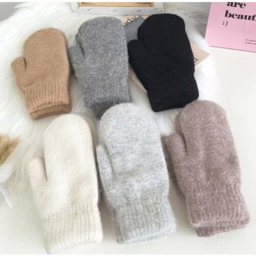 Female Double-layer rabbit hair gloves winter Korean version of solid color all fingers winter women gloves girls mittens