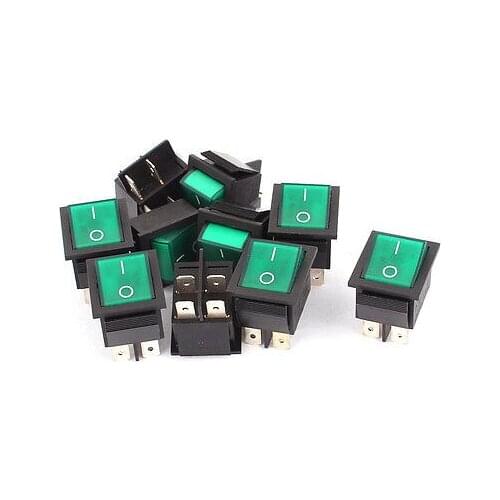 AC 125V/250V 16A 4 Terminal Green Light I/O SPST Boat Rocker Switch 10 Pcs KCD4-201N