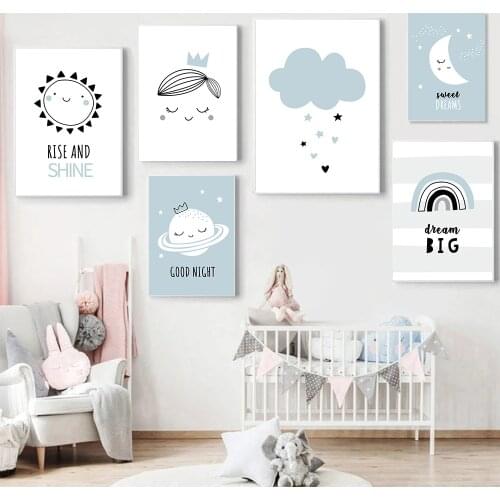 Sun Moon Planet Poster Blue Rainbow Cloud Canvas Painting Nursery Wall Art Print Nordic Wall Pictures Baby Kids Room Decoration