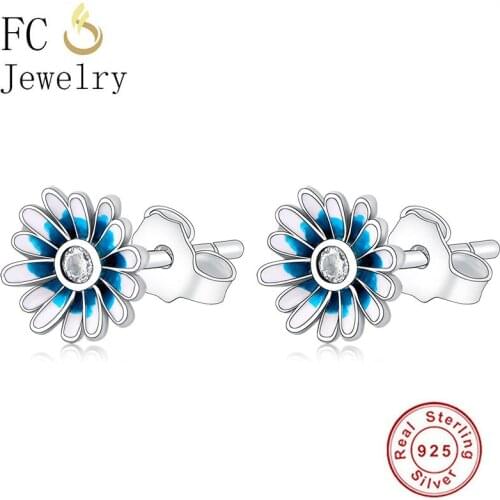 FC Jewelry 100% 925 Silver Blue White Enamel Flower Daisy Piercing Stud Earring For Women Accessories Summer Brincos 2020 NEW