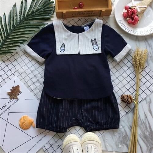 Tonytaobaby Summer New Boys and Girls Navy Collar Suit Embroidery Stripe Suit
