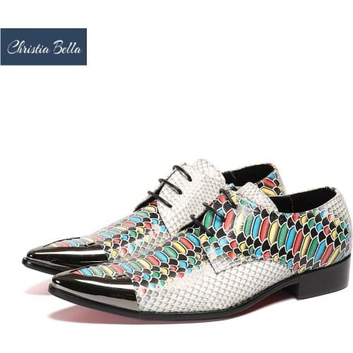 Christia Bella Designer Brand Print Formal Men Oxford Shoes Real Leather Lace Up Dress Shoes Pointed Toe Party Brogue Shoes