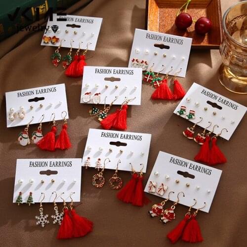 VKME Christmas Earrings Set For Women Girls 2021 Brincos cotton Tassel Wreath Santa Claus Snowflake Dangle Earring Xmas Jewelry