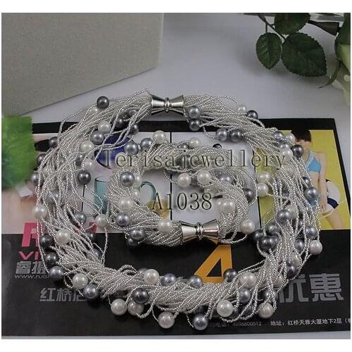 Terisa Jewelry Handmade Round Pearl Jewelry Set 24Rows 8mm White Gray Black Sea Shell Pearl Necklace Bracelet Magnet Clasp
