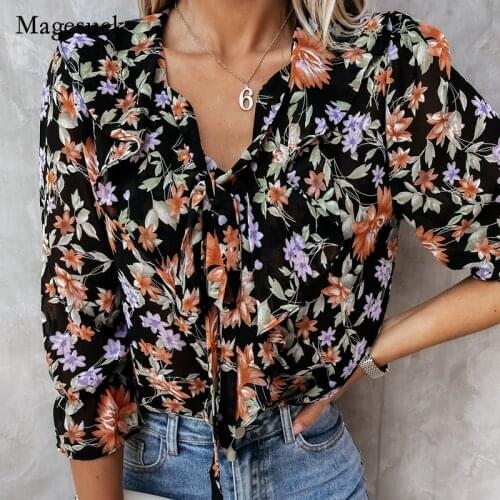 2021 Autumn Blusas Mujer Petal-Sleeved Floral V-Neck Shirts Women Tops Bow Blouses Office Lady Casual Sexy Vintage Print 14884
