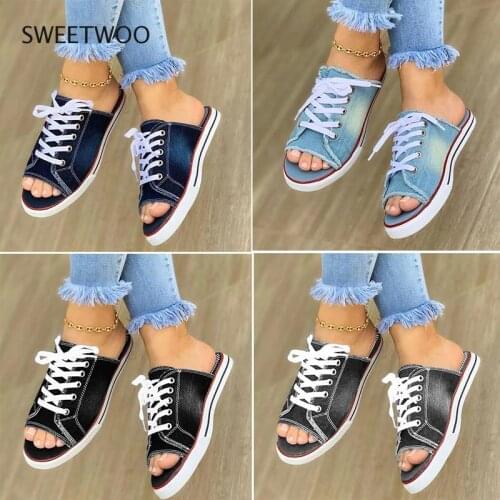 2021 women fashion breathable canvas sandals summer slippers lace up open toe ladies fake denim flat shoes