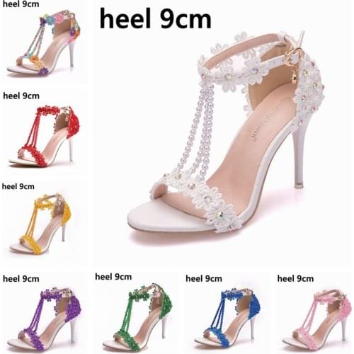 Crystal Queen High Heels Rhinestones Wedding Sandals Women Open Toe Strap Evening Party Summer Lace Flowers Pearl Tassel Shoes
