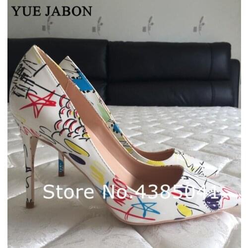 YUE JABON Artistic Graffiti Printed Women Sexy Stiletto High Heels Ladies Wedding Party Pointed Toe Pumps Shoes Real pictures
