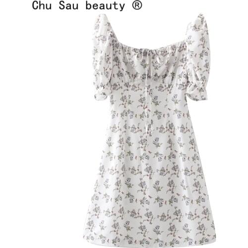 New Fashion Summer Sweet Chic Floral Printed Mini Dress Women Casual Style Puff Sleeve Square Collar Dresses Female Vestidos
