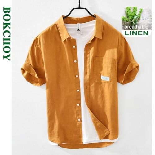 2021 Summer and Spring New Men Linen Short-sleeved Shirt Fresh Literature and Art Leisure Square Neck Linen Top Workwear GD-3023