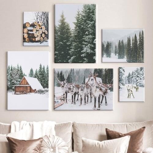 Boho Winter Snow Scenery Canvas Painting Christmas Wall Art Reindeer Chalet Posters Pine Wood Forest for Bedroom Home Decor