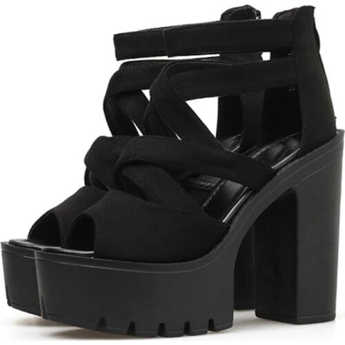 Rome Style Block Heels Women Spring Summer Flock Ladies Sandals Platform heels Black Female Footwear Summer women high sandals