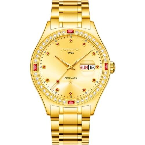Luxury Gold Ruby Watch for Men CARNIVAL MIYOTA Movement Watch Automatic Calendar Sapphire Mens Watches Luminous Reloj Hombre