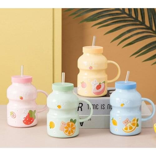 450ml Yogurt ceramics Water Bottle whith Lid Fruit Drinking Bottle Kawaii Milk Yakult Cup Cute Mugs Kids glass straw Cup