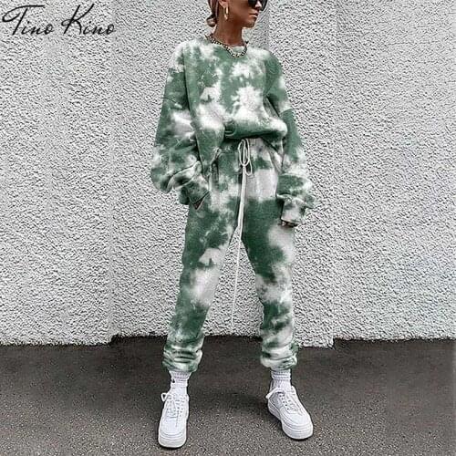 Tie Dye Lounge Women Tracksuit Two Piece Set Long Sleeve Drawstring High Waist Joggers Suit 2021 Autumn Lady Causal Sets