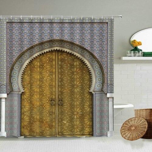 Morocco Antique Arched Door Shower Curtain Geometric Pattern Architecture Oriental Style Bathroom Waterproof Screen With Hook