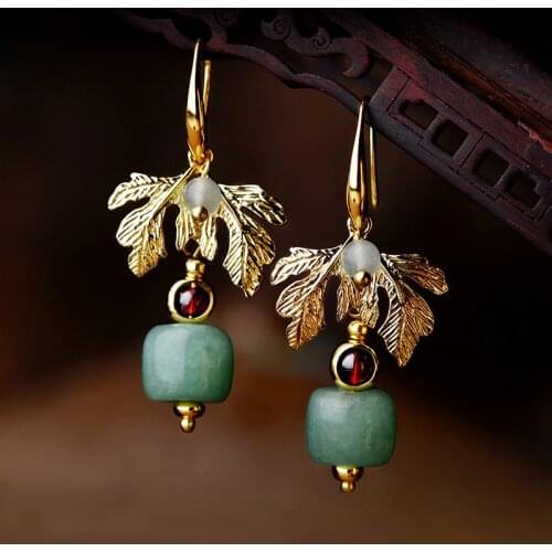 Original green Aventurine dangle earrings women , leaves vintage earrings style,New nature stone Ethnic earrings jewelry