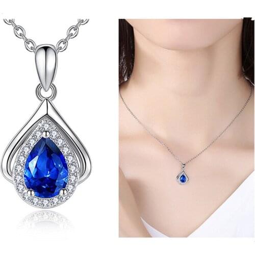 Trendy 925 Sterling Silver Necklace Female Choker Shiny Crystal Blue Water Drop Pendant Necklace Women Jewelry Trendy Blue Bijou