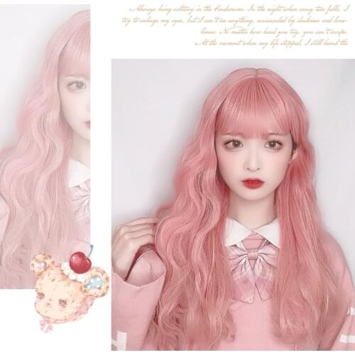 Sakura Pink Lolita Wig Harajuku Fairy Princess Cosplay Bangs Curly 55cm Long Synthetic Hair Body Wave Adult Girls Daily Wear