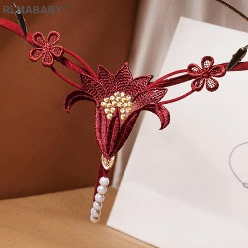 Sexy Hot Pearl Beading Massage Lingerie Thong Slim Flower Shape Hollow Out Low Waist Underwear G-String Elastic Temptation Brief