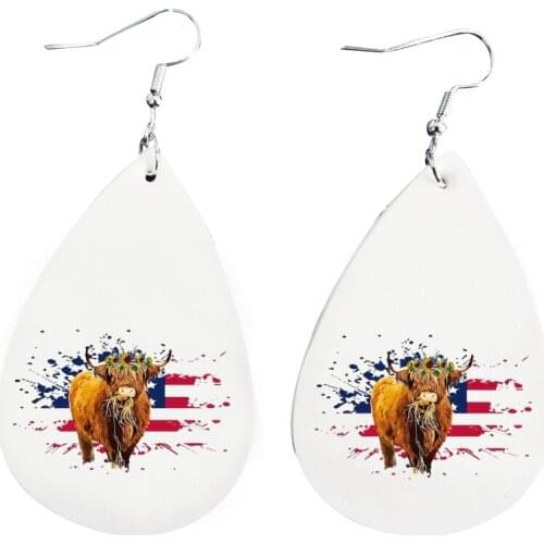 Faux Leather Earrings-Highland Cow Flag Teardrop Earrings Double Print Stock