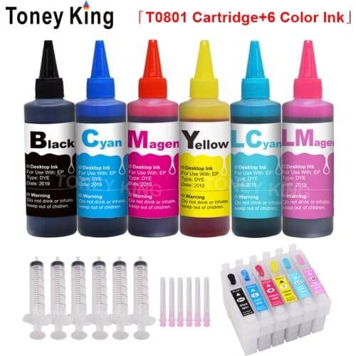 Toney King 600ml Bottle Ink + 6 Color T0801 Refillable Printer Ink Cartridges For Epson Stylus Photo P50 T59 R265 270 285 290