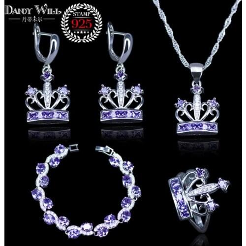 Silver color Bridal Jewelry Purple Zircon Jewelry Sets For Women Earrings/Pendant/Necklace/Rings/Nice Bracelet