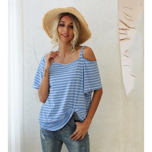 Womens Summer T-shirt Sexy Strapless Strap Fashion Striped Loose Oblique Neck Twist Short Sleeve T-shirt 2021 T Shirt Femme