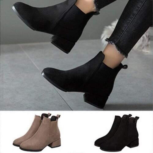 Women Autumn Winter Flock Ankle Boots Slip-on Round Toe 3.5cm Square Heel Solid Casual Black Camel Booties Size 35-43