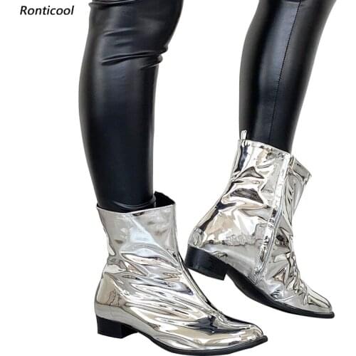 Ronticool New Handmade Women Flat With Ankle Boots Unisex Block Heels Round Toe Gorgeous Silver Casual Shoes Women US Size 5-15
