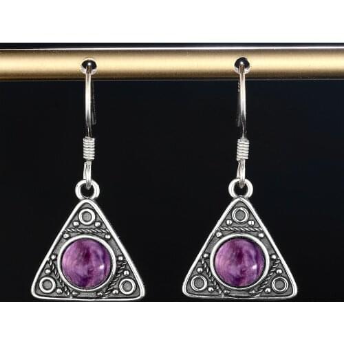 S925 Sterling Silver Drop Earring 6MM Round Charoite Ear Jewelry for Women Vintage Triangle Pendant Earrings Gift