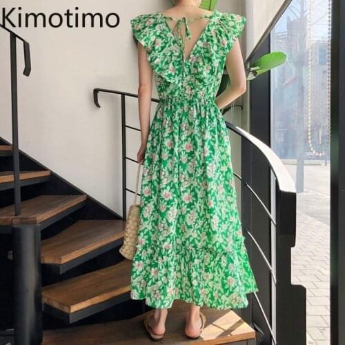 Kimotimo Women Floral Dress 2021 Summer New V-neck Flying Sleeve Ruffle Stitching Contrast Color Back Lace Hollow Dress Bohemian