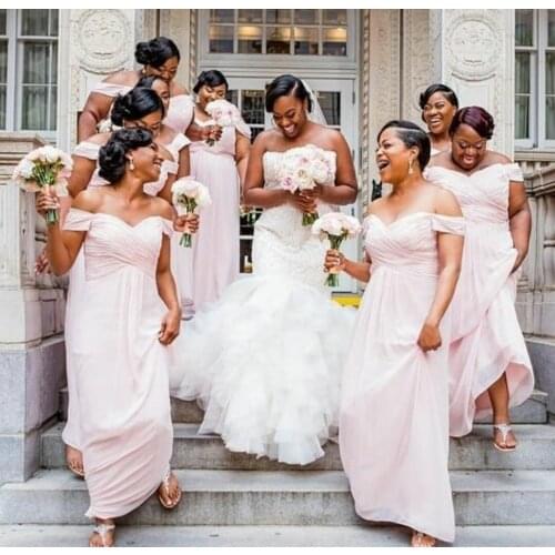 Elegant A-Line Long Off Shoulder Chiffon Bridesmaid Dresses Custom Pleated Lace Up Back Pink Formal Wedding Party Dresses