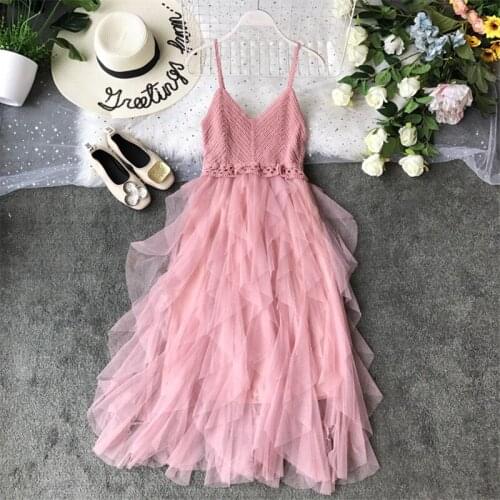 Fashion Sexy Strap Sleeveless Tube Top Solid Dress Women 2019 Summer Boho Knit Stitching Long Mesh Dress Fluffy Cake Dresses
