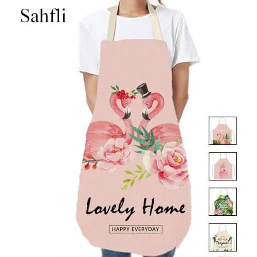 1Pcs Kitchen Apron Cute Cartoon Flamingo Printed Sleeveless Cotton Linen Aprons for Men Women Home Cleaning Tools Minimalism