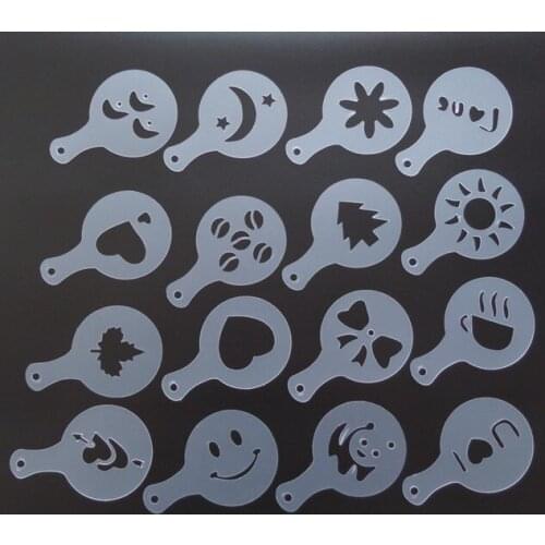 16PCS Plastic Pull Flower Mold Fancy Coffee Print Model Thick Coffee Foam Spray Template