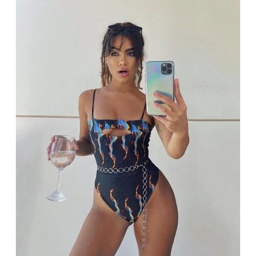 2078 2021 Hot Flame Printing One-Piece Swimsuit Ladies Sexy Hollow Swimwear Fashion Designers Bikini