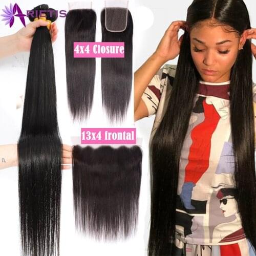 40 Inches Straight Bundles With Frontal on Sale Peruvian Remy Human Hair Bundles With Closure and Frontal Pre-Plucked Color 1b