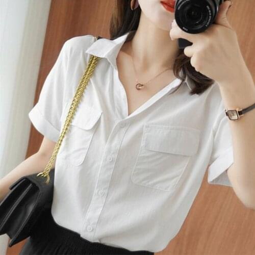 High Quality 100% Cotton Blouses Women Summer Shirts White Tops With 2 Pockets Solid Short Sleeve Female Blusas Casual 2021 #H57