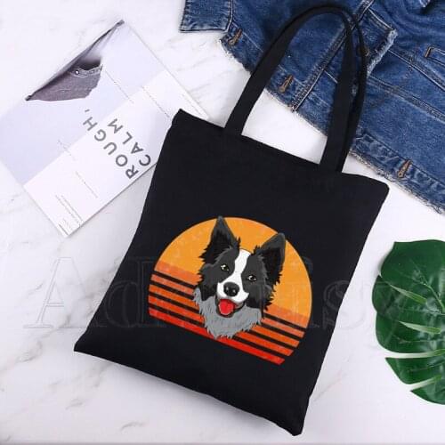Border Collie Large Womens Shopper Bag Canvas Tote Shoulder Bags Shopping Bag with Print Black Cloth Handbags Eco Friendly