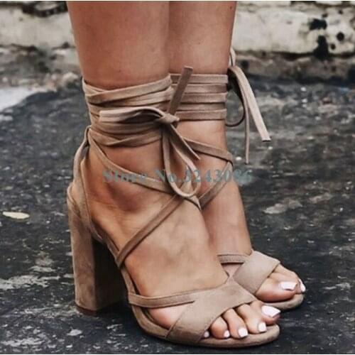 Cross Tied Thick Heel Sandals Apricot Faux Suede Ankle Strap High Heels Sandals Open Toe Leisure Comfortable Summer Women Shoes