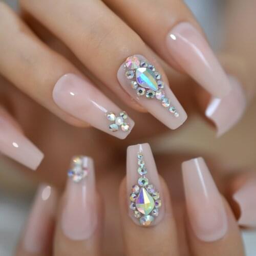Glossy Natrual Nude Press on Trapezoid Ballet False Nails Long AB Bling Gems Deco Handmade Coffin Ballerina Fingersnails