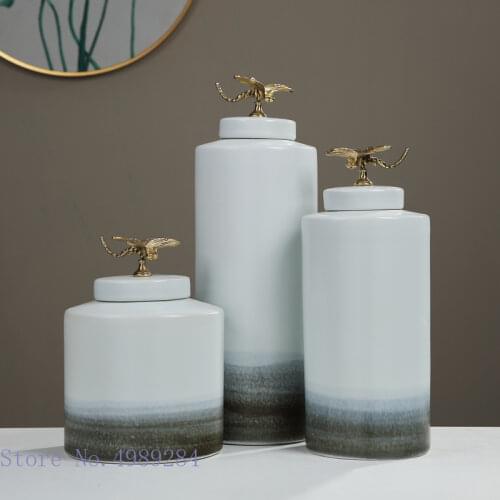Chinese Style Ceramic Vase Gradient Golden Dragonfly Lid Ceramic Handicraft Ornaments Desktop Flower Storage Home Decoration